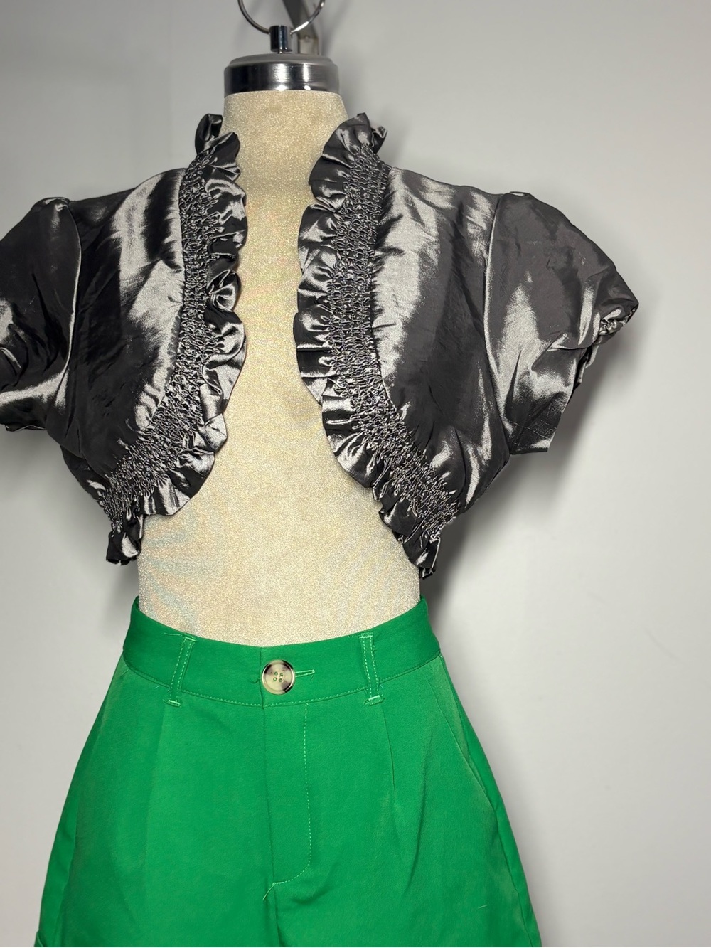 Satin Ruffle Cropped Bolero Jacket in Black
